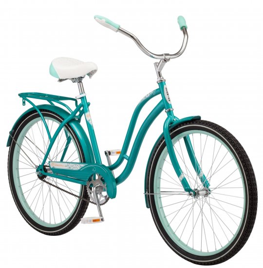 Schwinn Huntington Cruiser Bike, 26\" wheels, single speed, women frame, teal, relaxed, rear rack