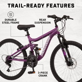 Mongoose Major Mountain Bike, 24-inch wheels, 21 speeds, purple, womens style frame