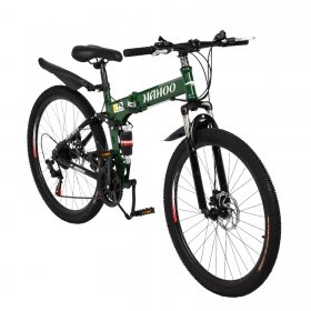 BEFOKA Men's Folding Mountain Bike 26-inch Tire Wheel 21 Speed Double Disc Brake Bicycle Carbon Steel Full Suspension MTB Bikes Lightweight Aluminum Outroad Bike(Green)