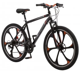 Mongoose Mack Mag Wheel Mountain Bike, 26" Wheels, 21 Speeds Shimano Revo Twist Shifters, Men's Frame, Orange & White On Black