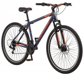 Mongoose Exhibit Mountain Bike, 29-inch wheels, 21 speeds, blue