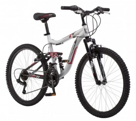 Mongoose Ledge 2.1 Mountain Bike, 24-inch wheels, 21 speeds, boys frame, Silver/Red